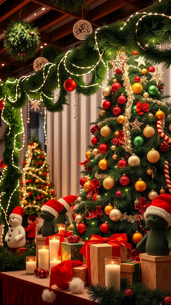 A festive Christmas background with lights, garlands, and a decorated tree, ideal for celebrations.